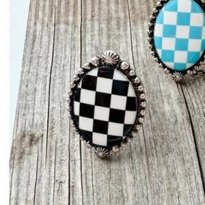 Western Checkered Cuff Ring - Oval Black White